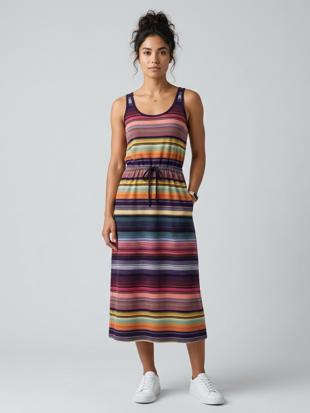 Athleta Havana Rainbow Striped Midi Tank Dress - Pockets Sz S Packable
